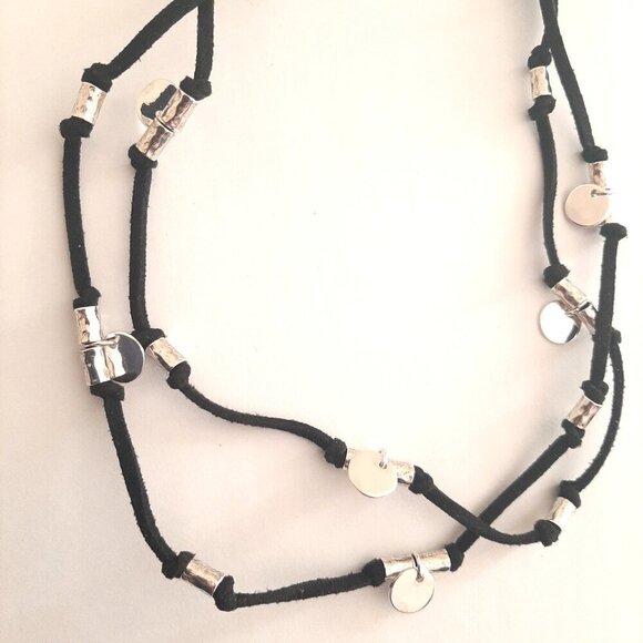 Chaps Black Cord Long Necklace with Silver Metal Accents/Beads - Picture 3 of 4